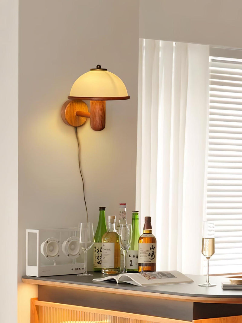 Paddestoel houten wandlamp